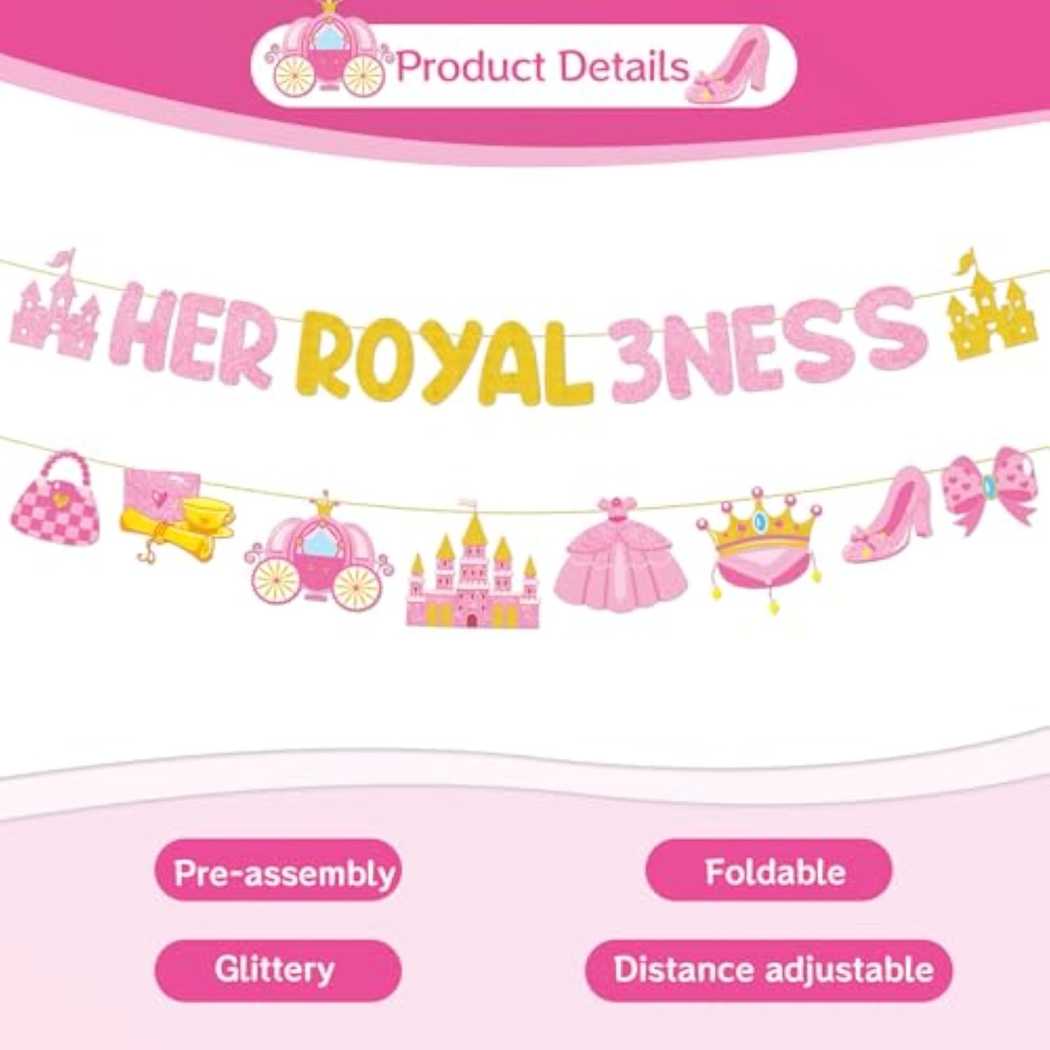 Princess Birthday Party Decorations - 3Rd Birthday Gilter Banner Decoration For Girls Her Royal Threeness Birthday Three Years Old Decor Princess Themed 3 Years Old Birthday Party Supplies