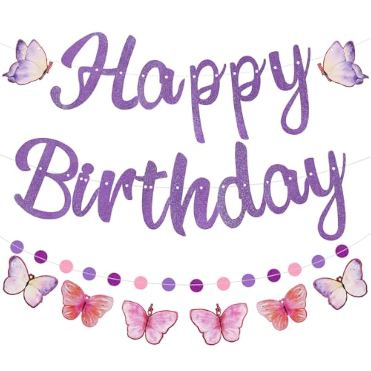 10pcs Purple Birthday Décor Set - Pre-Strung Butterfly Banner & Dot Garland