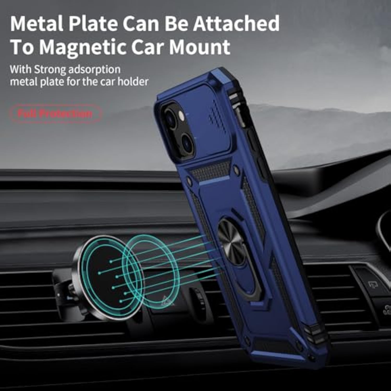 For Iphone 13 Case With Camera Lens Cover Hd Screen Protector, 10 Ft Military Grade Drop Protection, Magnetic Ring Holder Kickstand Protective Phone Case For Iphone 13 6.1 Inch, Navy Blue