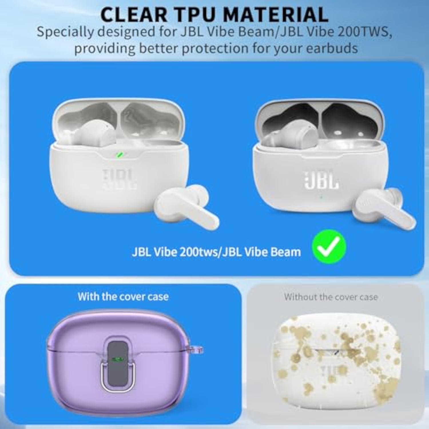 Transparent TPU Protective Cover with Carabiner for JBL Vibe Beam 2 Charging Case, Compatible with JBL Vibe 200TWS/JBL Vibe Beam/Beam 2 Lock Clip Case Cover Clear with Cleaner Kit