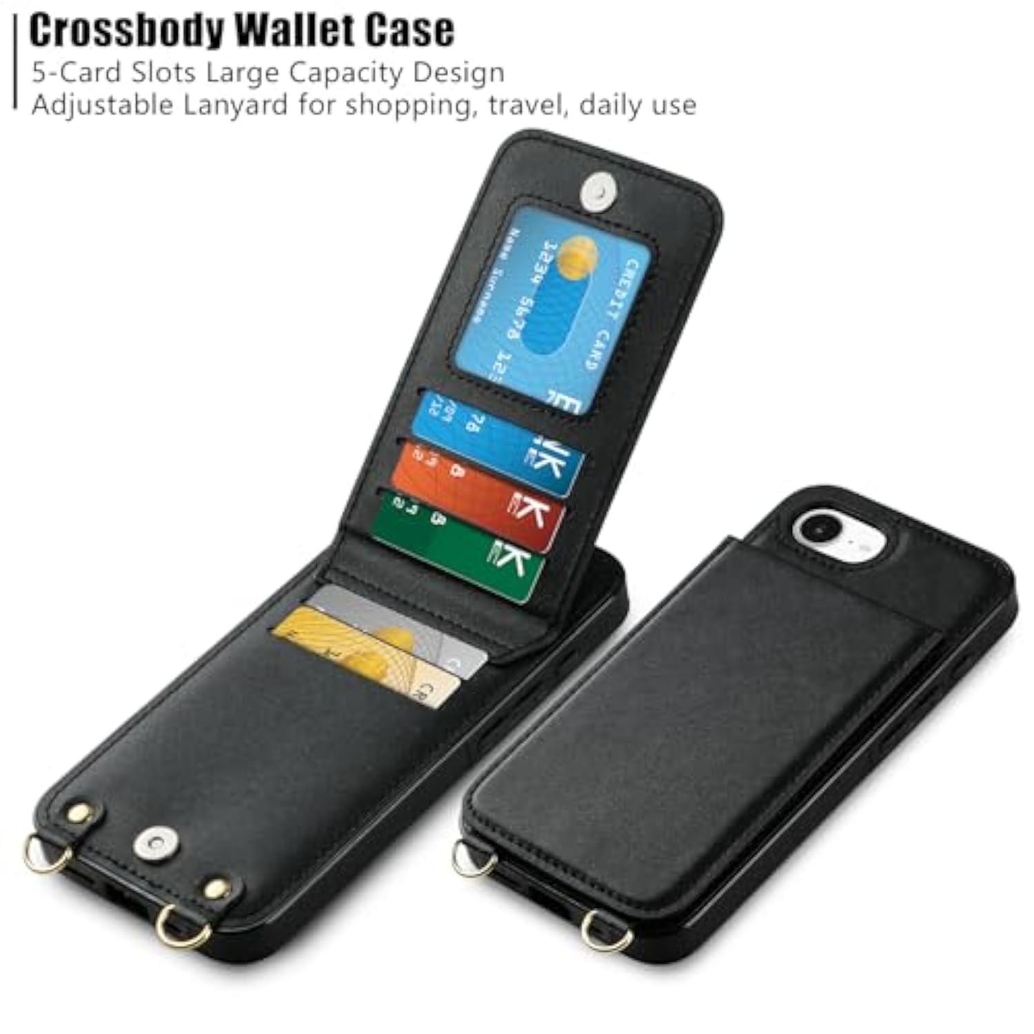 For Iphone 16E Case With Card Holder Crossbody Lanyard Strap Leather Wallet Case With Magnetic Clasp Kickstand Heavy Duty Protective Flip Cover For Iphone 16E For Women, Black