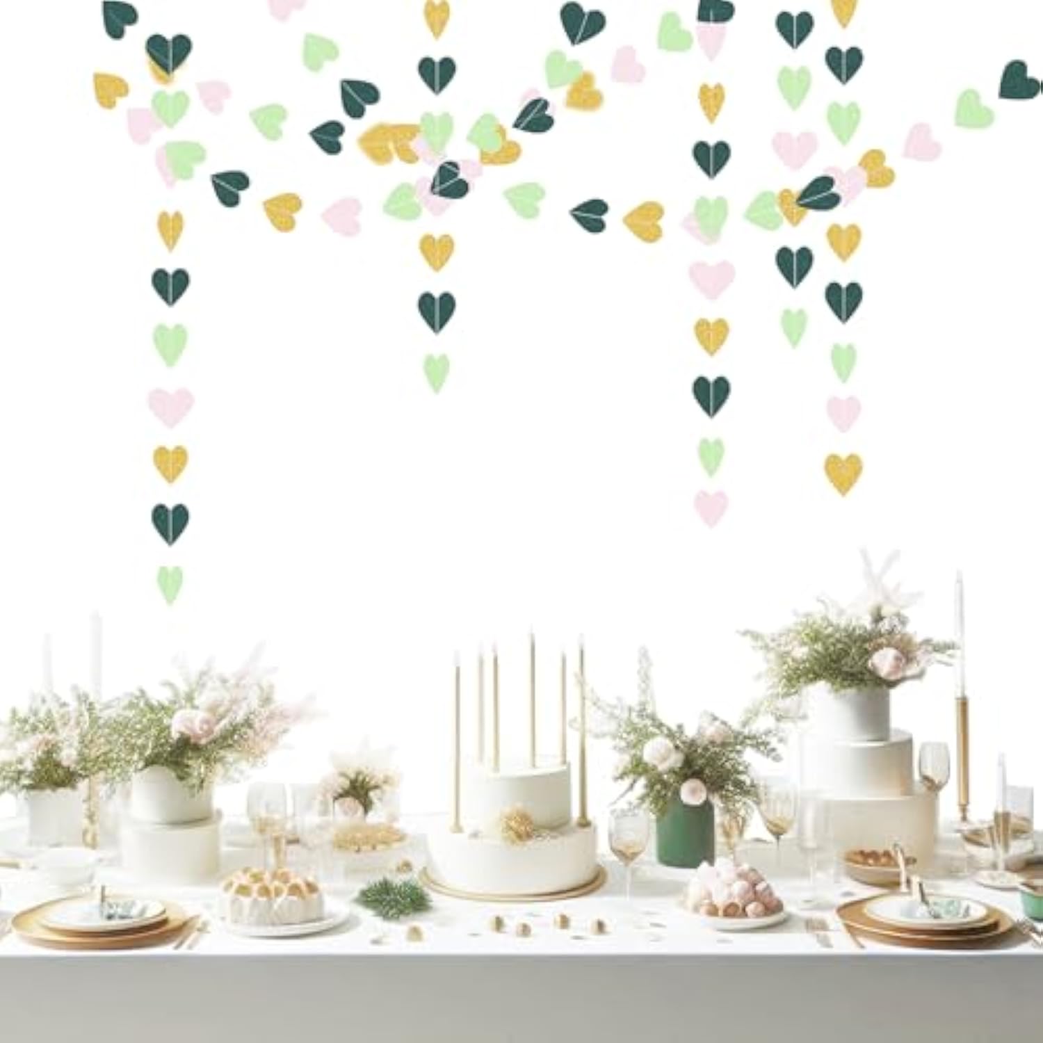Sage-Green Pink Gold Party-Decorations - Paper Heart Garland Streamers Woodland Theme Baby Shower Bridal Shower Birthday Decoration Wedding Bachelorette Engagement Hanging Decor
