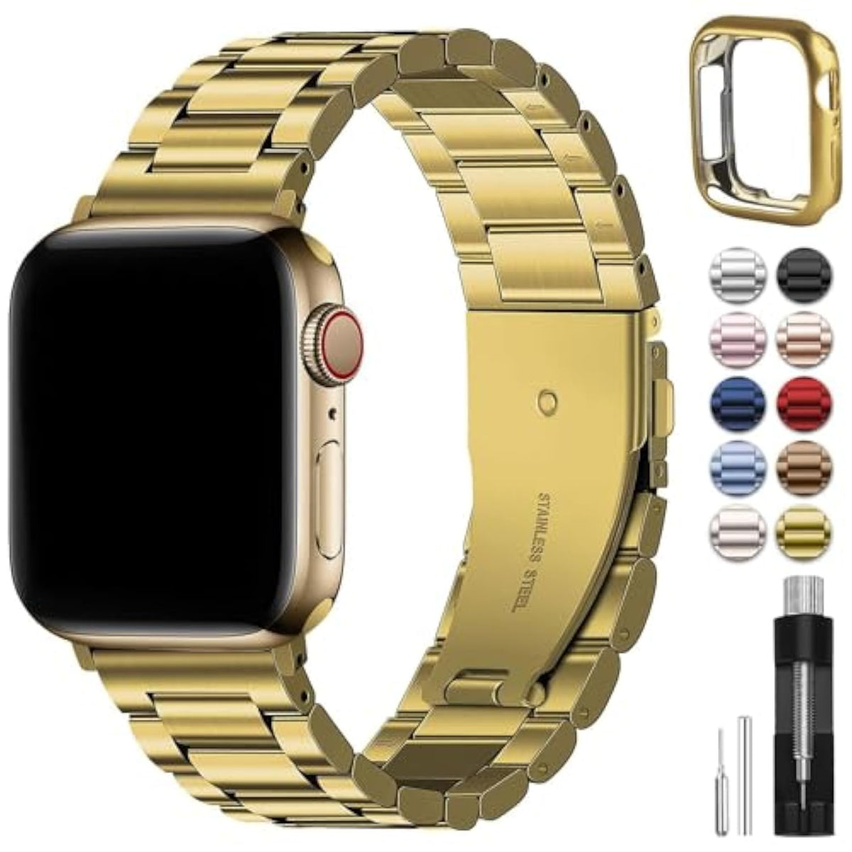 Metal Band Compatible With Apple Watch Bands 45Mm 44Mm 42Mm, Iwatch Band With Case For Apple Watch Series 9 8 7 6 5 4 3 2 1 Se3/2/1, Golden
