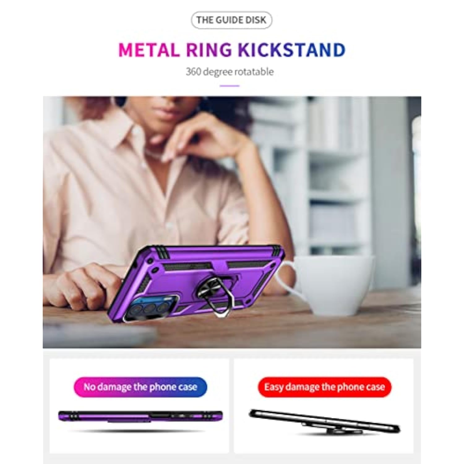Compatible With Motorola Moto Edge 2021 Case, Moto Edge 5G Uw Case With Hd Screen Protectors, Military-Grade Metal Ring Kickstand 15Ft Drop Tested Shockproof Cover, Purple
