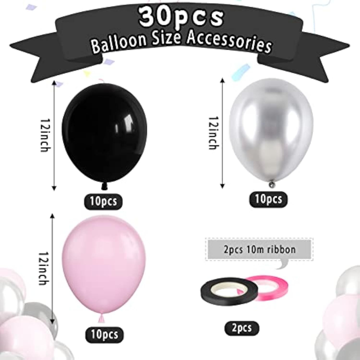 Pink & Black Balloon Set: Metallic Silver Party Decorations (30PCS, 12-inch )