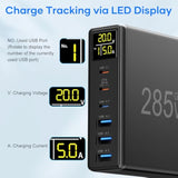 285W Usb C Charger Block, 6 Ports Multiple Usb Charging Station With Digital Lcd Dispaly Gan Fast 100W Usb C Charger For Macbook Laptops Multiport Usb Charger For I Pad I Phone Samsung, Black