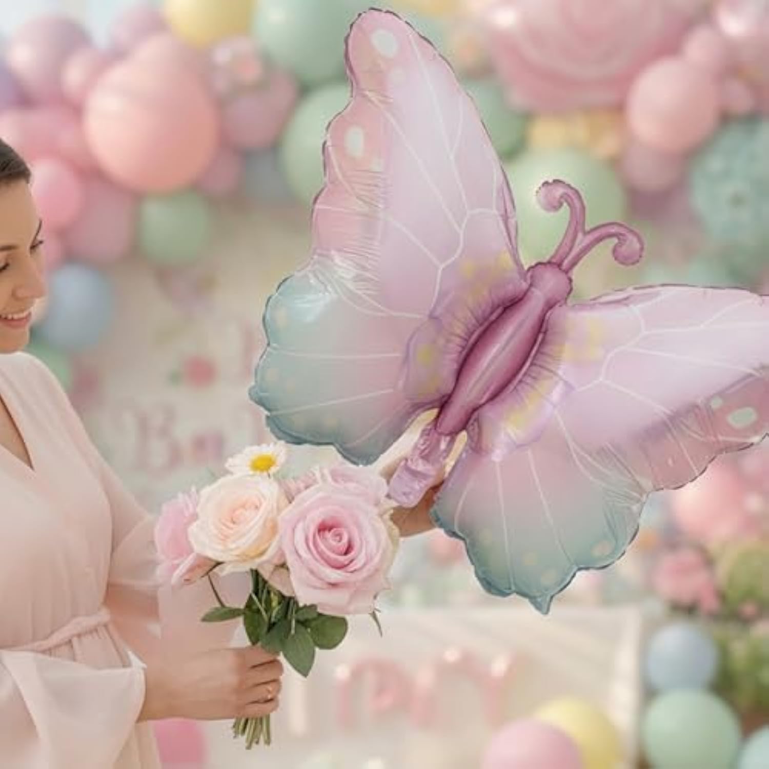 Baby In Bloom Balloon Decoration Kit With Backdrop, Pastel Spring Garden Tea Party Decor, Dusty Green Pink Purple Orange Blue Balloons With Rose Butterfly Star Foil & Pink Oh Baby Foil Balloon