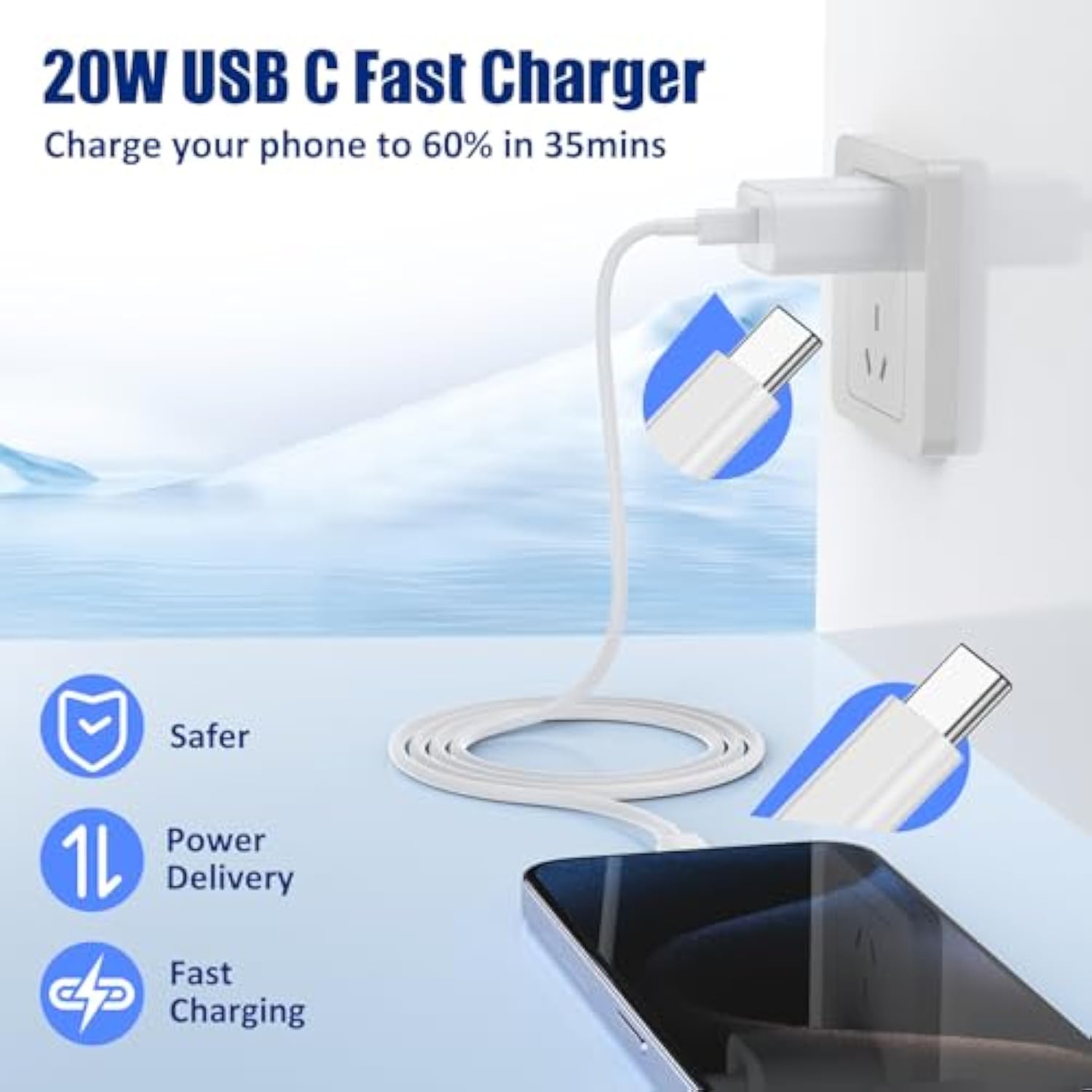 I Phone 16/15 Charger Fast Charging 3-Pack, 20W Type C Charger[3+6+10Ft] Usb C Wall Charger Cables For Iphone 16/15/15 Plus/15 Pro Max, Ipad Pro/Air/Airpods/Samsung
