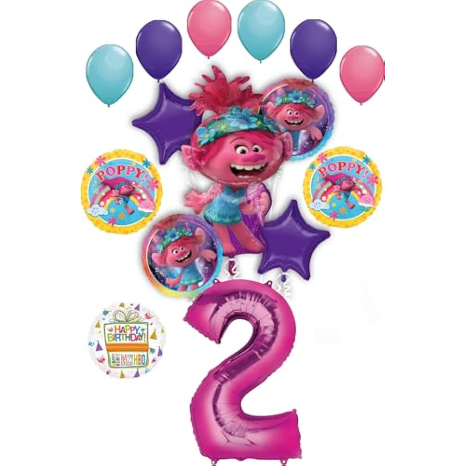Poppy World Tour 2nd Birthday Party Supplies Trolls 15pc Balloon Bouquet Decorations