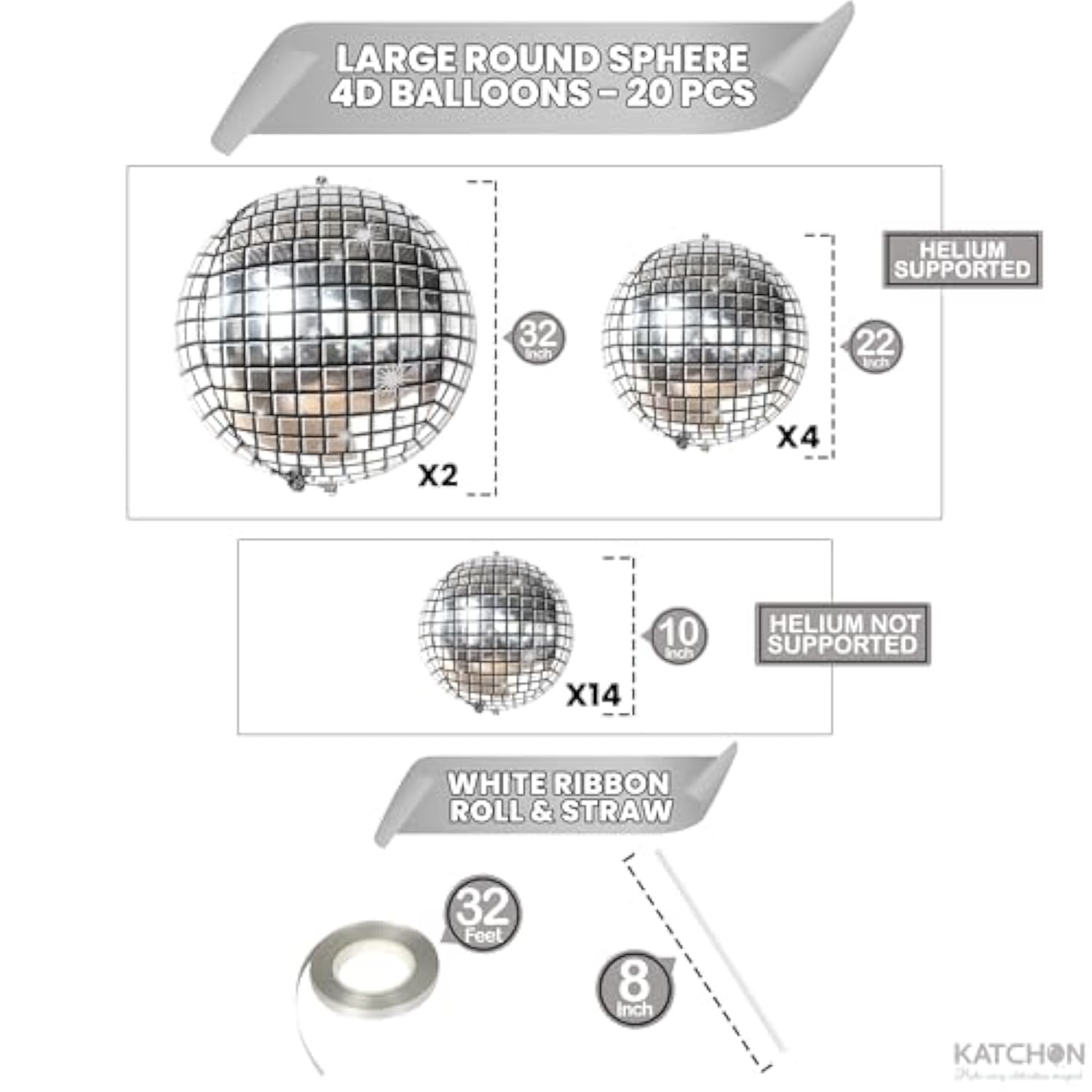 20pcs 32in Silver Disco Ball 4D Sphere Balloons Party Decorations