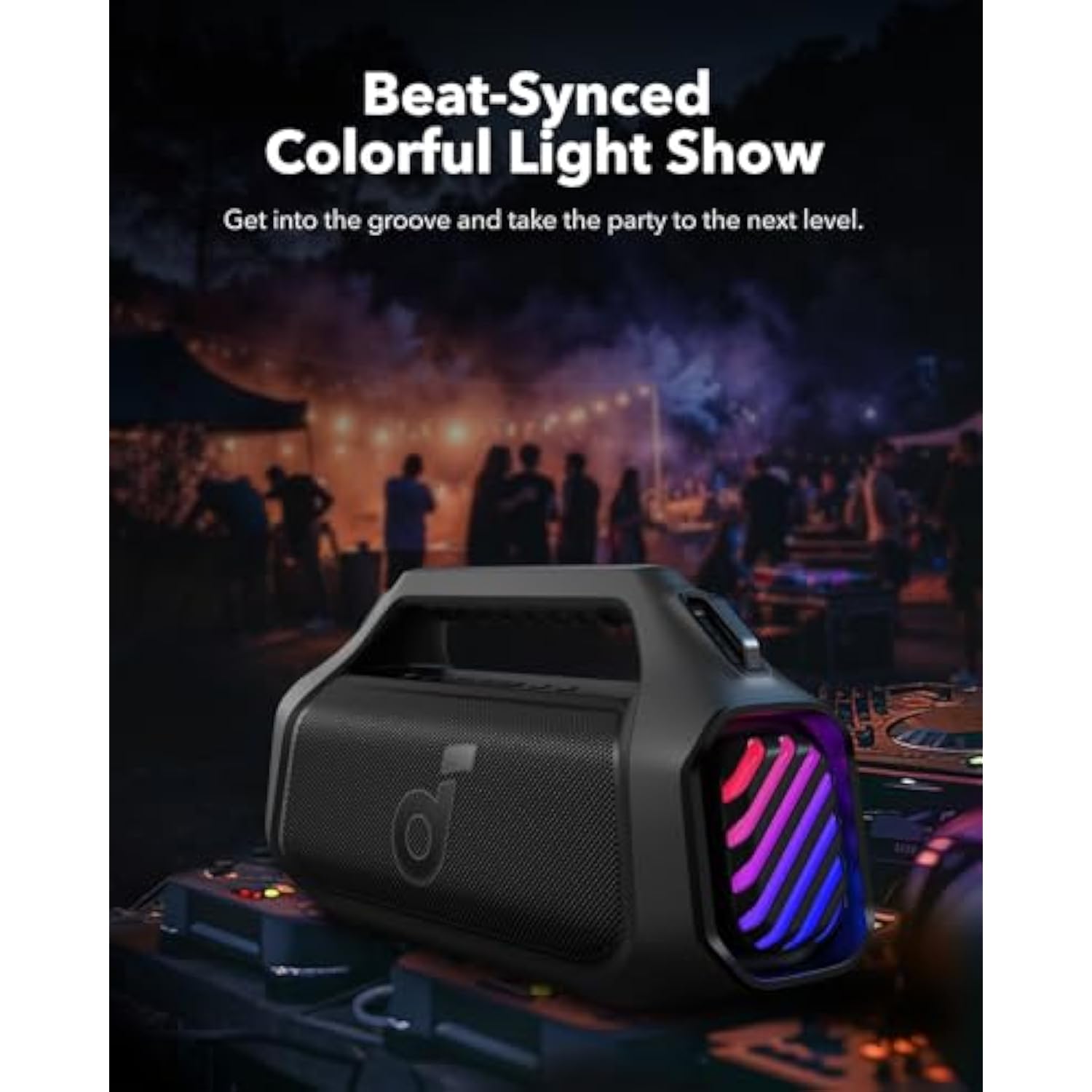 Boom 2 Plus By Anker, Outdoor Speaker, 140W, 2+2 Channel, Bassup 2.0, 20H Playtime, Fast Charge, Ipx7 Waterproof, Rgb Lights, Power Bank, Bluetooth 5.3, Portable For Outdoors, Camping, Beach