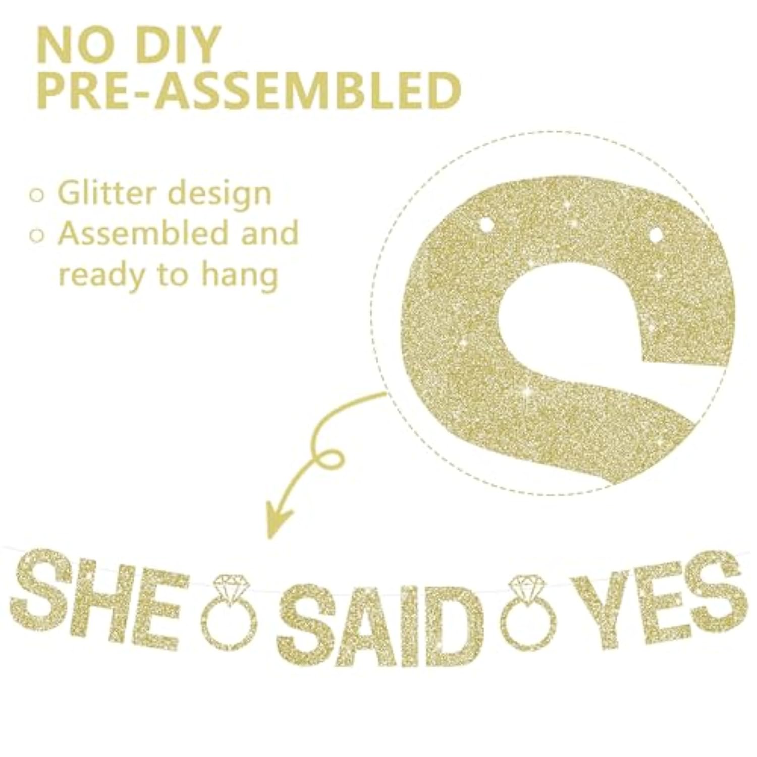Glitter Champagne Gold She Said Yes Banner Pre-Strung Engagement Decorations Bridal Wedding Party Sign Garland Bachelorette Party Decor,No Diy