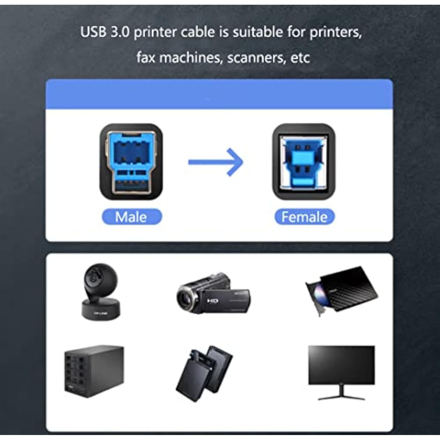 Usb 3.0 Printer Cable, Usb 3.0 Type A Male To Type B Male Plug 90 Degree High