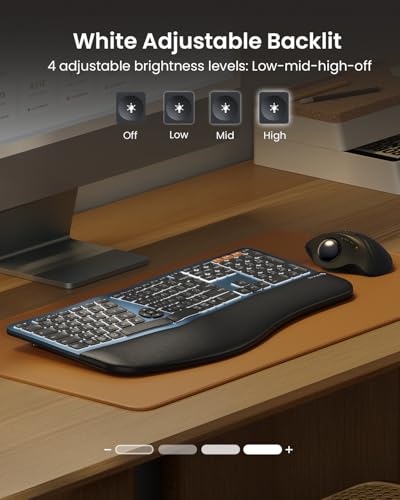 Backlit Bluetooth Ergonomic Keyboard, Ek01 Plus Full Size Wireless Split Keyboard With Dual Bluetooth And Usb, Cushioned Wrist Rest, Rechargeable, Compatible With Windows/Mac/Android, Blue