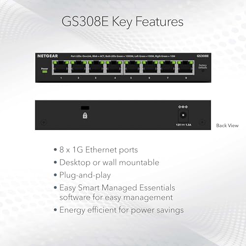 8-Port Gigabit Ethernet Easy Smart Managed Essentials Switch (Gs308E) - Desktop Or Wall Mount, Home Network Hub, Office Ethernet Splitter, Silent Operation