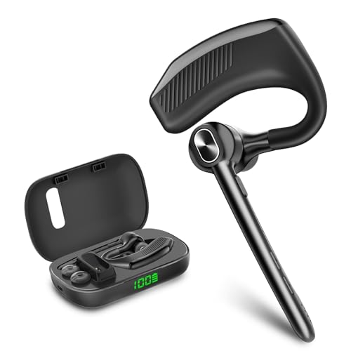 Bluetooth Headset Wireless Earpiece Microphone 180H Playtime 1000Mah Wireless Charging Case Handsfree Single Ear Headset Led Display For Iphone Android Cellphones Pc Computer Trucker Drivers Work Game
