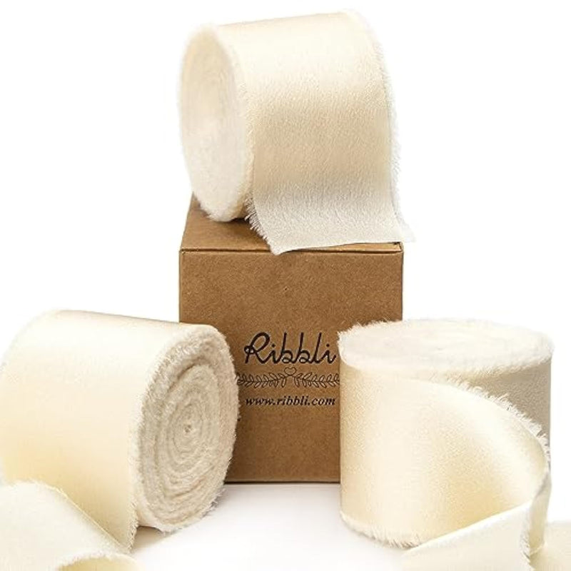 Ivory Silk Satin Ribbon 1.5 Inch X 30 Yard Handmade Frayed Chiffon Cream Ribbon For Gift Wrapping Wedding Invitations Bridal Bouquets Home Decor