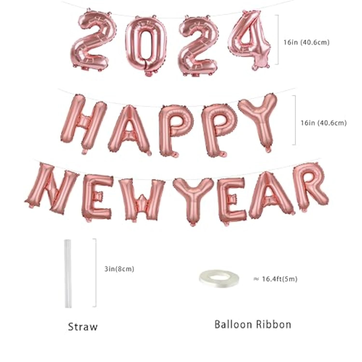 Rose Pink 3D Happy New Year 2024 Balloons Banner 16In Party Decor