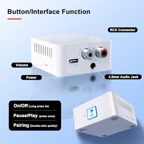 Bluetooth 5.3 Receiver for Home Stereo, Wireless Audio Adapter, HiFi Music Streaming, Amplifier,Long Range Low Latency, 3.5mm AUX & RCA Output, USB-C