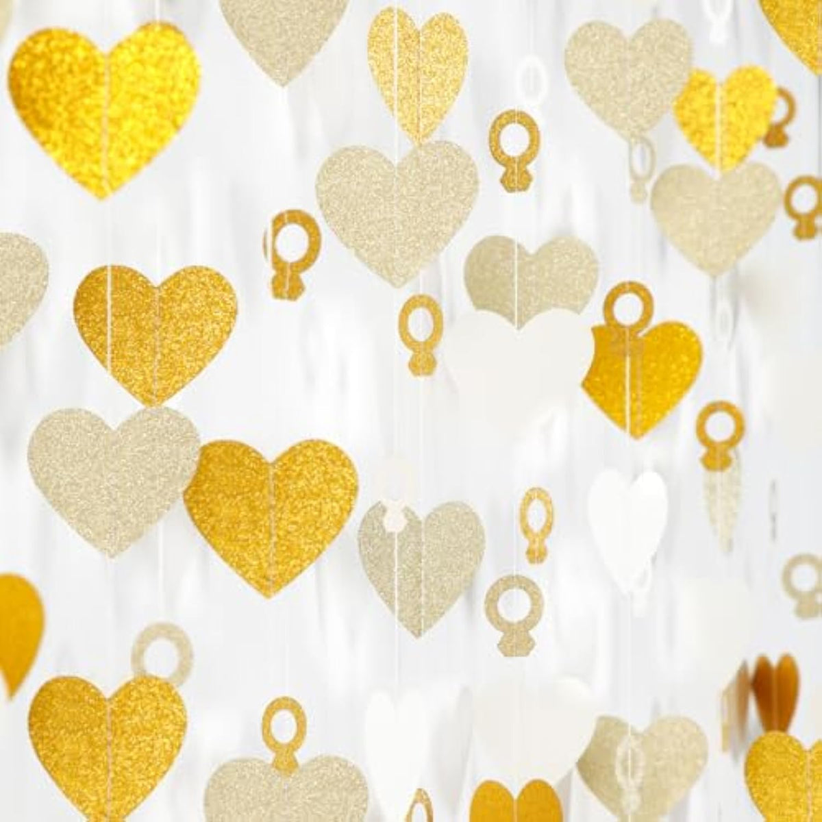 Engagement Bachelorette Party-Decorations White-Gold Garland - 52Ft Heart Ring Wedding Paper Streamers Banner, Galentines. Proposal Decor