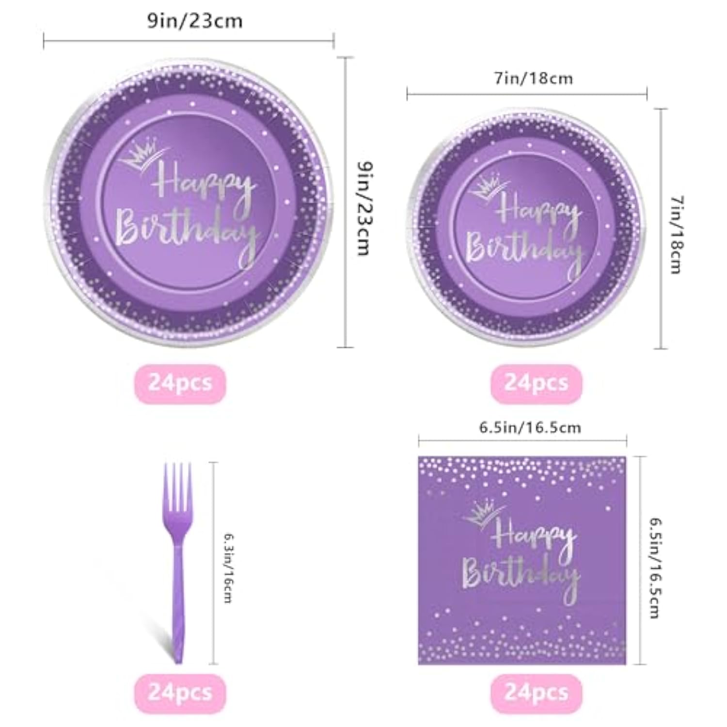 96 Pieces Purple And Silver Birthday Plates And Napkins Party Tableware Set With Happy Birthday Party Decorations,Paper Plates,Napkins And Forks For 24 Guests