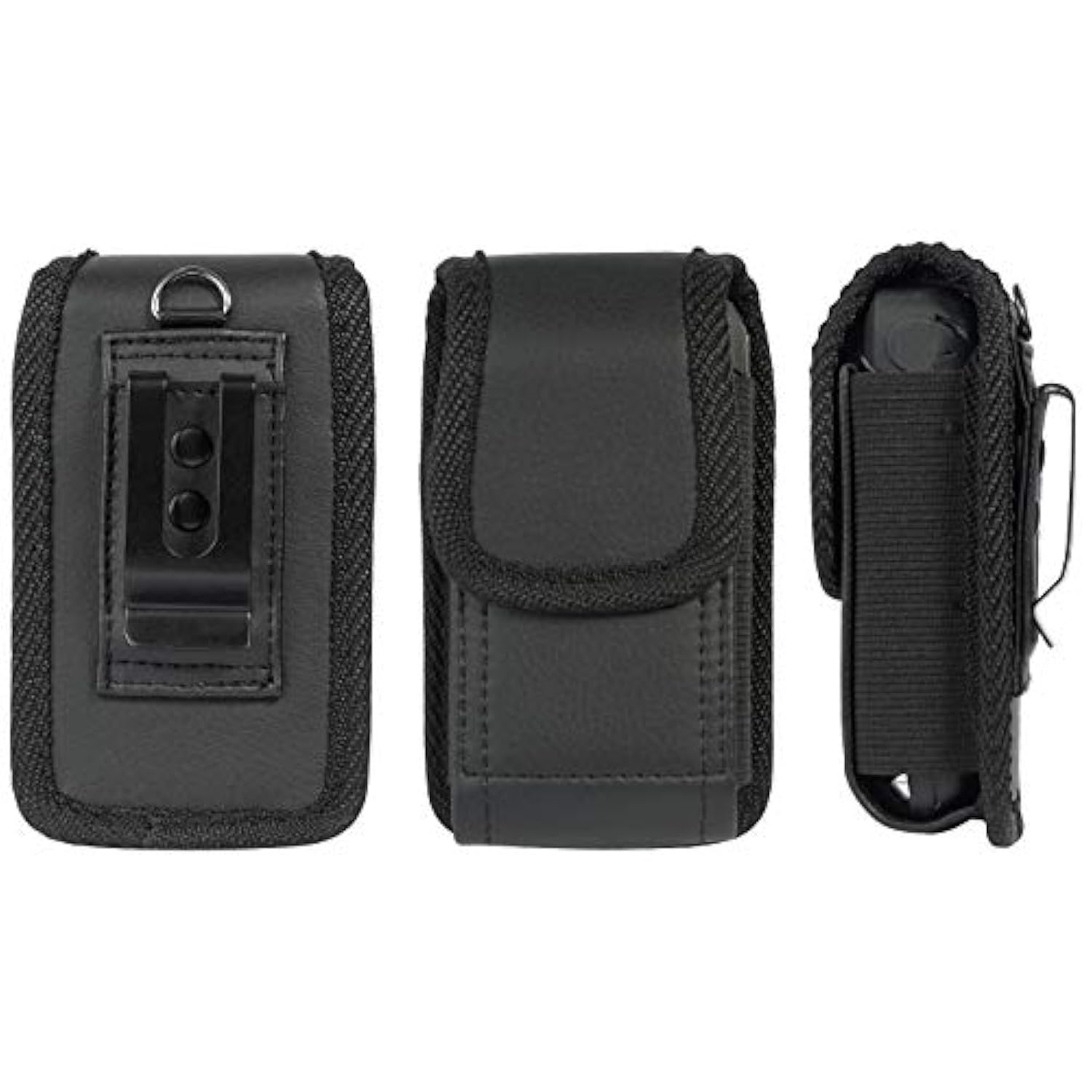 Case for Kyocera Flip Phone, Nakedcellphone Black Vegan Leather Vertical Pouch [with Belt Loop, Metal Clip, Magnetic Closure] for DuraXV Extreme E4810, DuraXV LTE E4610, DuraXE Epic E4830, DuraXTP