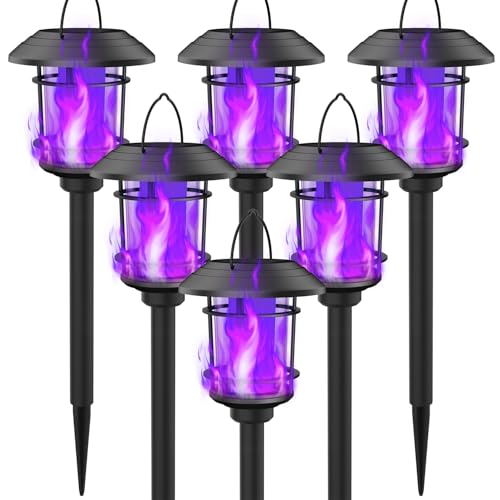 6 Pack Solar Flame Torch Lights Outdoor, Dual Use Flickering Purple Flame Garden Light, Hanging Lantern, Auto On/Off & Waterproof Halloween Lighting for Lawn Patio Yard Walkway Driveway