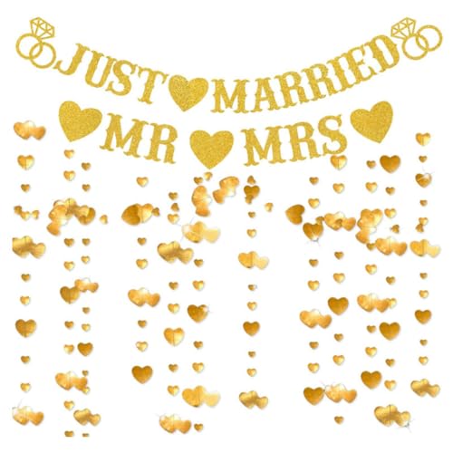 Just Married Party Decorations, Gold Glitter Just Married Mr & Mrs Banner with Heart Garland for Bridal Shower Engagement Wedding Party Decorations Supplies