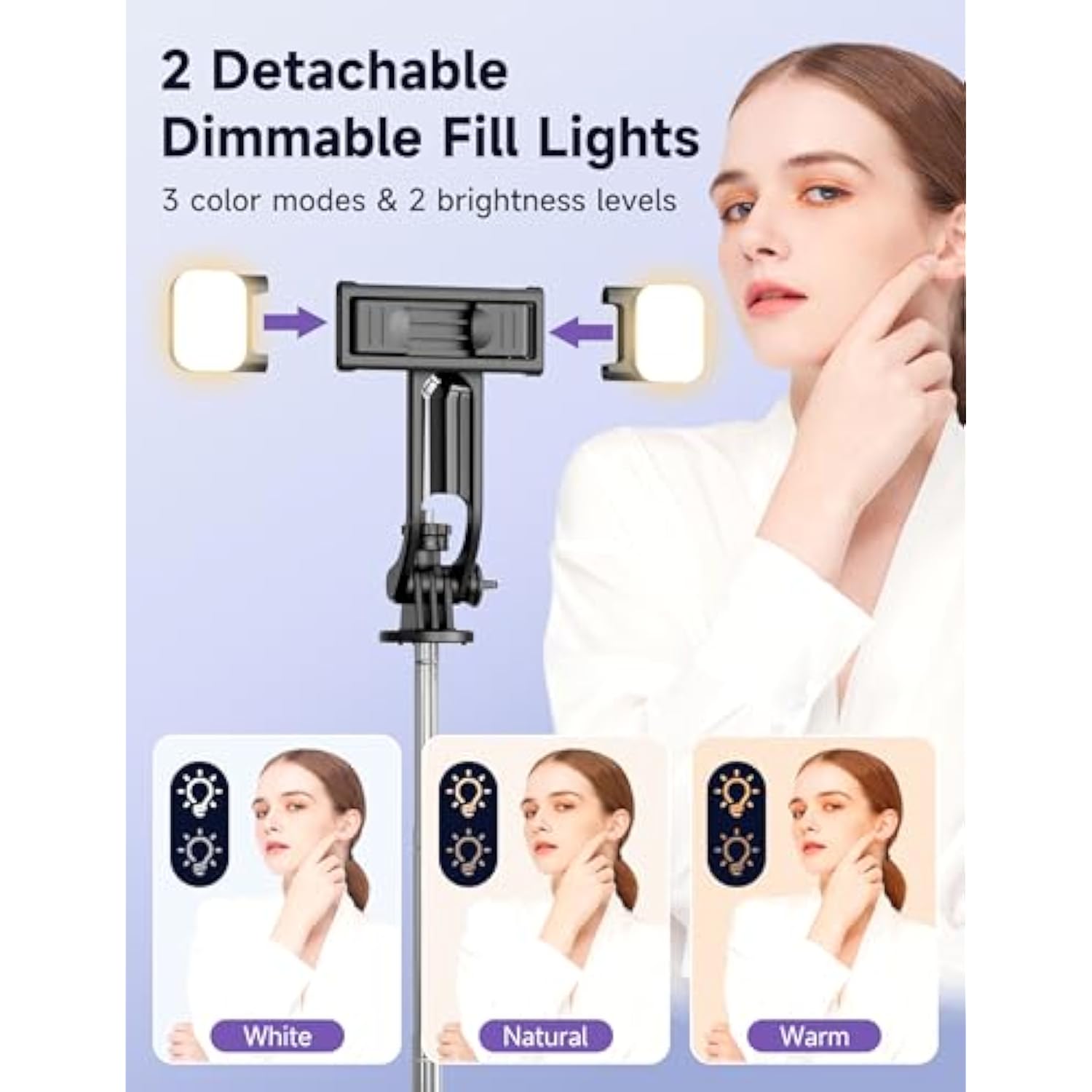 53'' Selfie Stick Tripod With Light, Extendable Selfie Stick With Remote, Portable Cell Phone Tripod Stand With All In 1 Phone Clip, Lightweight Camera Tripod Compatible With Iphone 15 14 13, Android