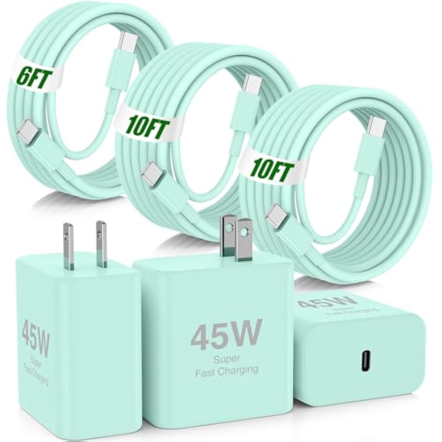 45W Super Fast Charger For Iphone 16 15 Pro Max,3Pack Usb C Fast Charging Block With 10/10/6Ft Long C To C Cable For Iphone 16 Pro/Airpods 4 /Airpods Pro 2/Ipad 10/11Th/For Samsung S25 Ultra-Grren