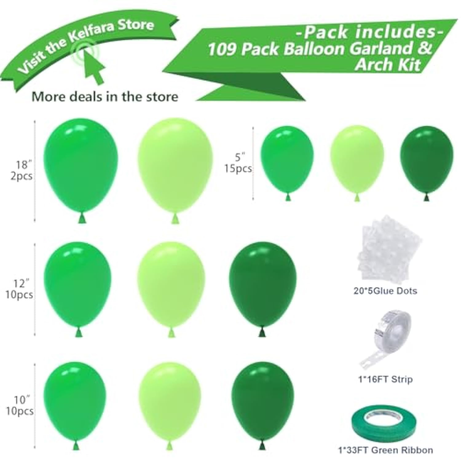 Green Balloon Garland Arch Kit, Latex Balloons 109Pcs Different Sizes 18/10/12/5 Inch, Party Balloons For Wedding Graduation Anniversary Green Jungle Forest Themed Birthday Party Decorations