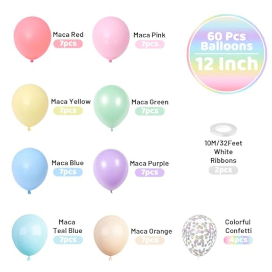 Pastel Balloons, 60 Pcs Macarons Balloon, 12 Inch Macaron Red Pink Blue Purple Green Yellow Orange Balloon Colorful Confetti For Birthday Baby Shower Wedding Rainbow Pastel Party Decoration