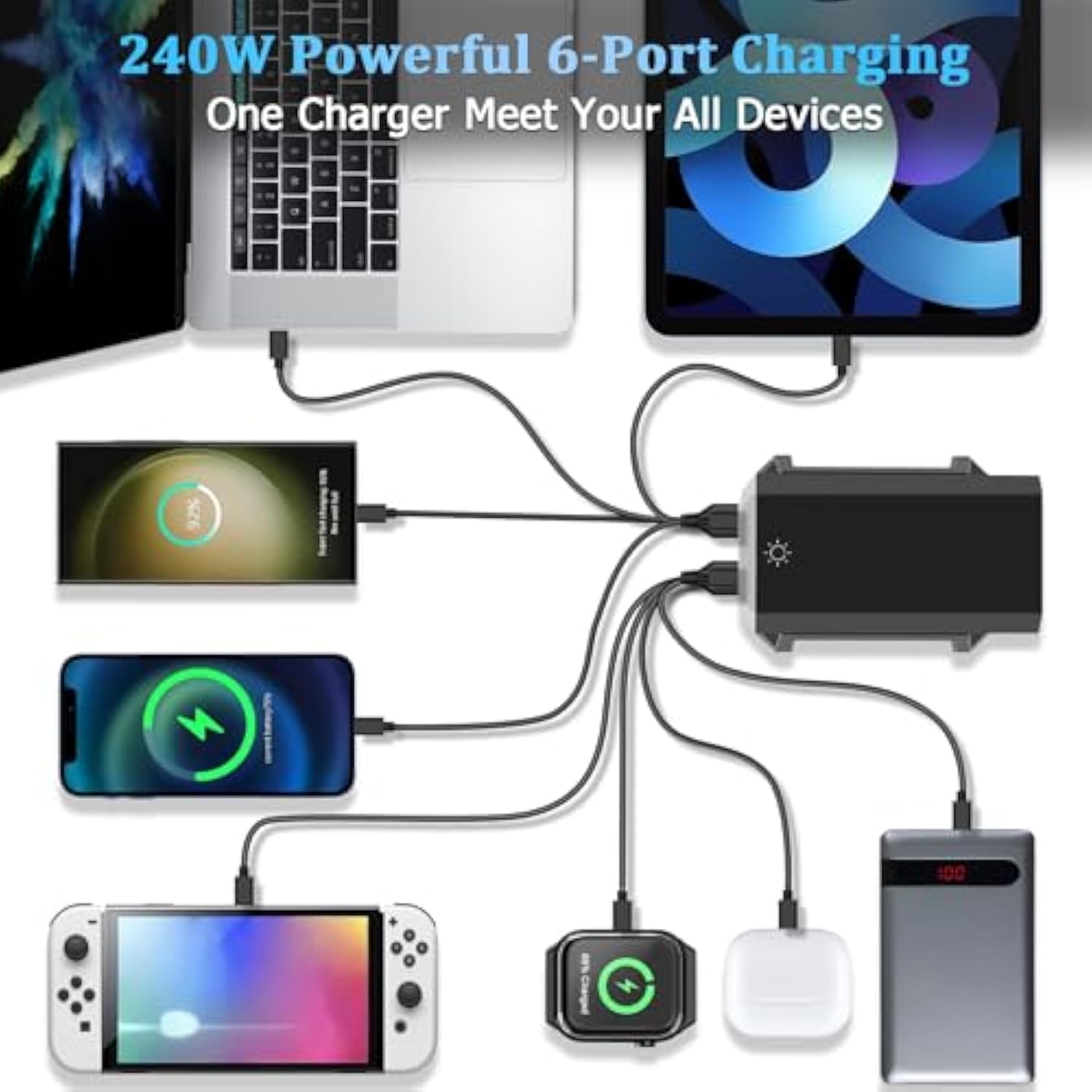 Usb C Charger Block, 240W Gan Usb C 6-Port Charger Station, Laptop Power Pd Adapter With Touch Control And Color Display, Charging Station For Macbook, Iphone, Samsung, Laptop, Ipad, Desktop, And More