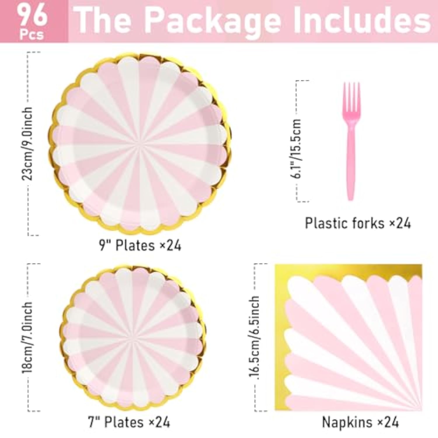 96Pcs Pink Party Paper Plates With Gold Scalloped Edge, Pink Scalloped 9Inch 7Inch Dessert Paper Plates Party Supplies For Birthday Bridal Shower Picnic, Serve For 24 Guests, Striped