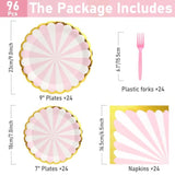 96Pcs Pink Party Paper Plates With Gold Scalloped Edge, Pink Scalloped 9Inch 7Inch Dessert Paper Plates Party Supplies For Birthday Bridal Shower Picnic, Serve For 24 Guests, Striped
