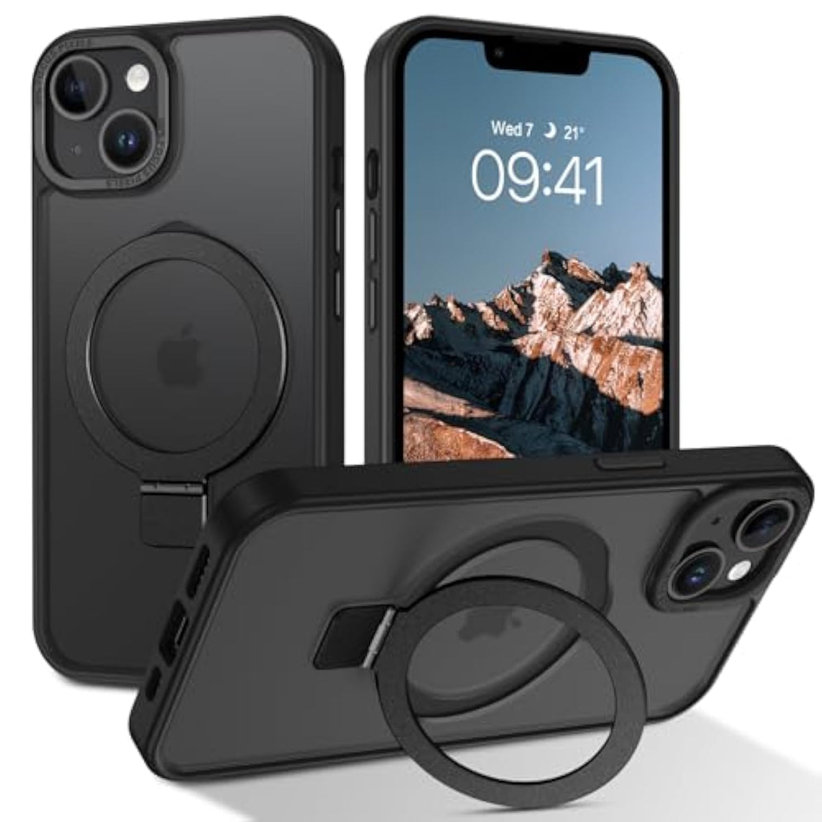 Magnetic For Iphone 14/Iphone 13 Case, Compatible With Magsafe With Magnetic Stand Ring Holder, Translucent Matte Back Tpu Bumper Military Grade Protective Case For Iphone 14/Iphone 13, Black