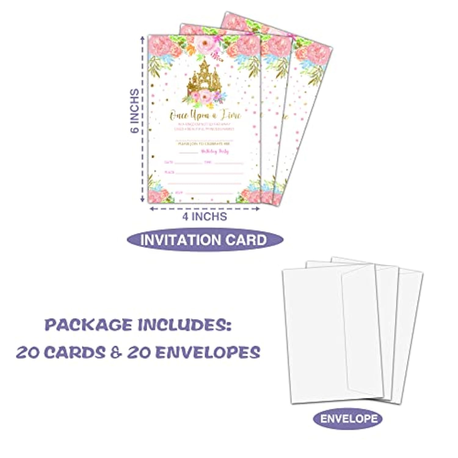 Princess Birthday Party Invitation, Fairytale Castle Themed Fillin Invites, 20 Gold Foil Floral Invitations With Envelopes For Teens Girls (4 X 6), Kids Royal Party Favors Decorations And Supplies