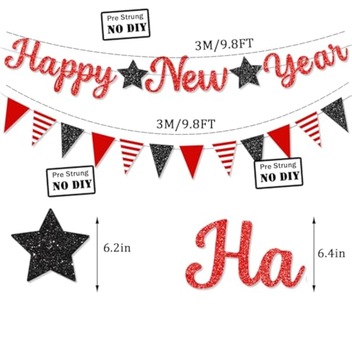 Pre-Strung Glitter Happy New Year 2026 Banner Red Party Decor
