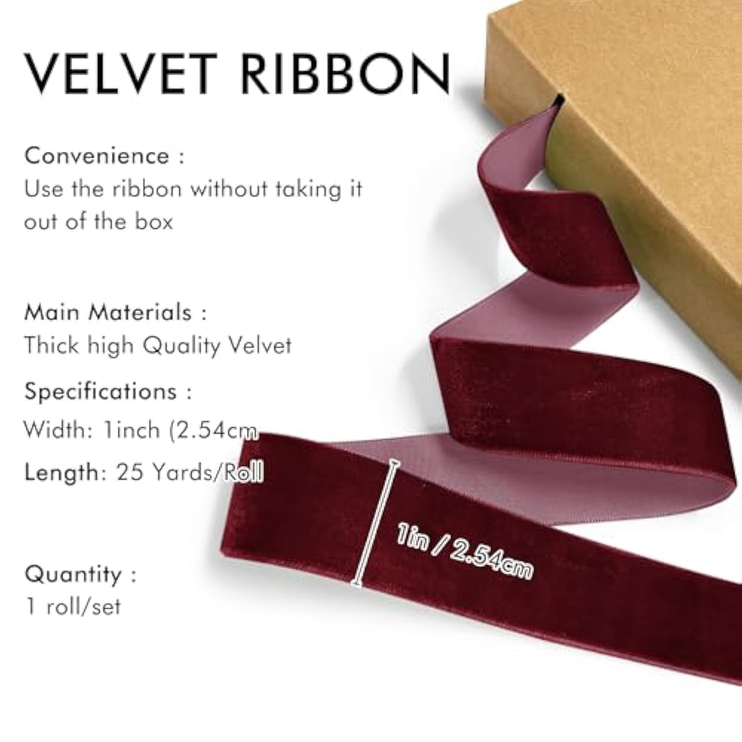 Burgundy Velvet Ribbon 1'' 25 Yards For Christmas Tree, Gift Wrapping, Flower Bouquet, Wreath Decorations, Bow Making