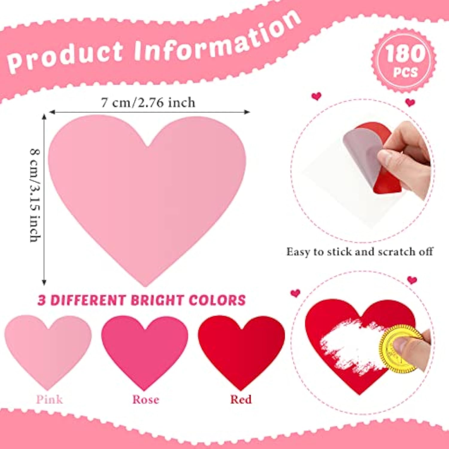 180 Pcs 3 Inch Heart Scratch Off Stickers Labels Valentine‘S Day Scratch Stickers Self Adhesive Peel And Stick Diy Games Party Gift Cards