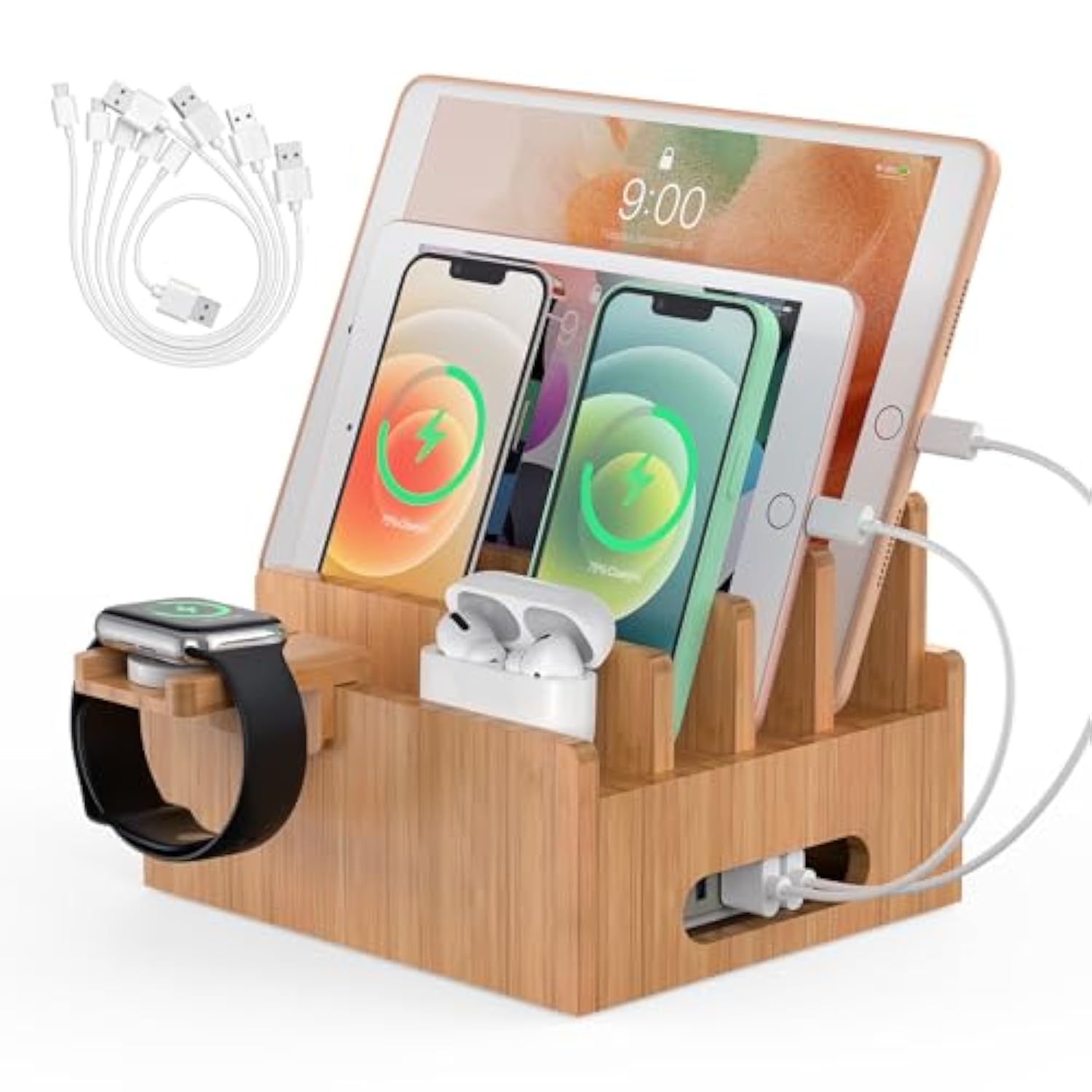 Cell Phone Charging Stations, Bamboo Dock Organizer For Multi Devices, Tablets, Smart Watch, With Pack 5 Cables, No Power Charger Supply