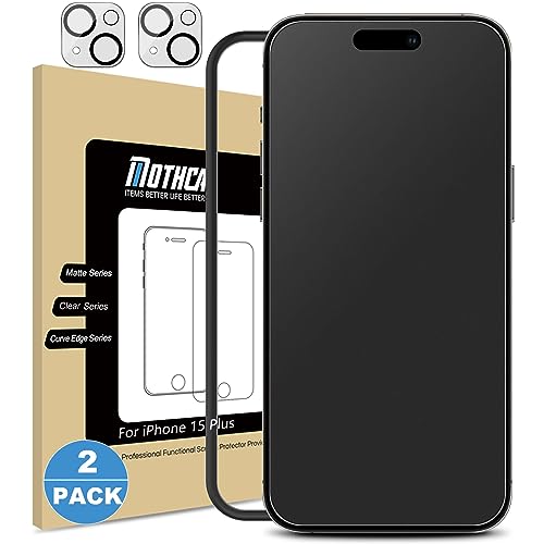2 Pack Matte Glass Screen Protector for iPhone 15 Plus [6.7 inch] + 2 Pack Camera Lens Protector, Anti-Glare & Anti-Fingerprint Case Friendly