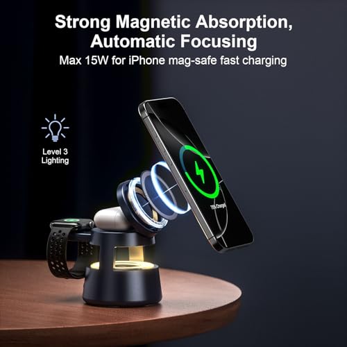 3 in 1 Charging Station,Magnetic Wireless Charger with Night Light & Speaker for Apple MagSafe Charger Stand,Foldable Nightstand Charging Station for