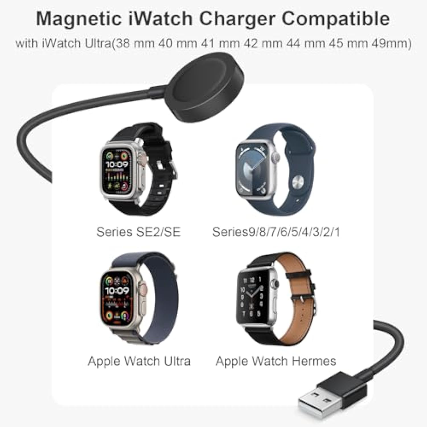 [Apple Mfi Certified] Apple Watch Charger, Magnetic Iwatch Charger 3.3Ft Fast Charging Cable Usb A Wall Plug Adapter For Apple Watch Series Se/Se2/9/8/7/6/5/4/3/2/1 (White)