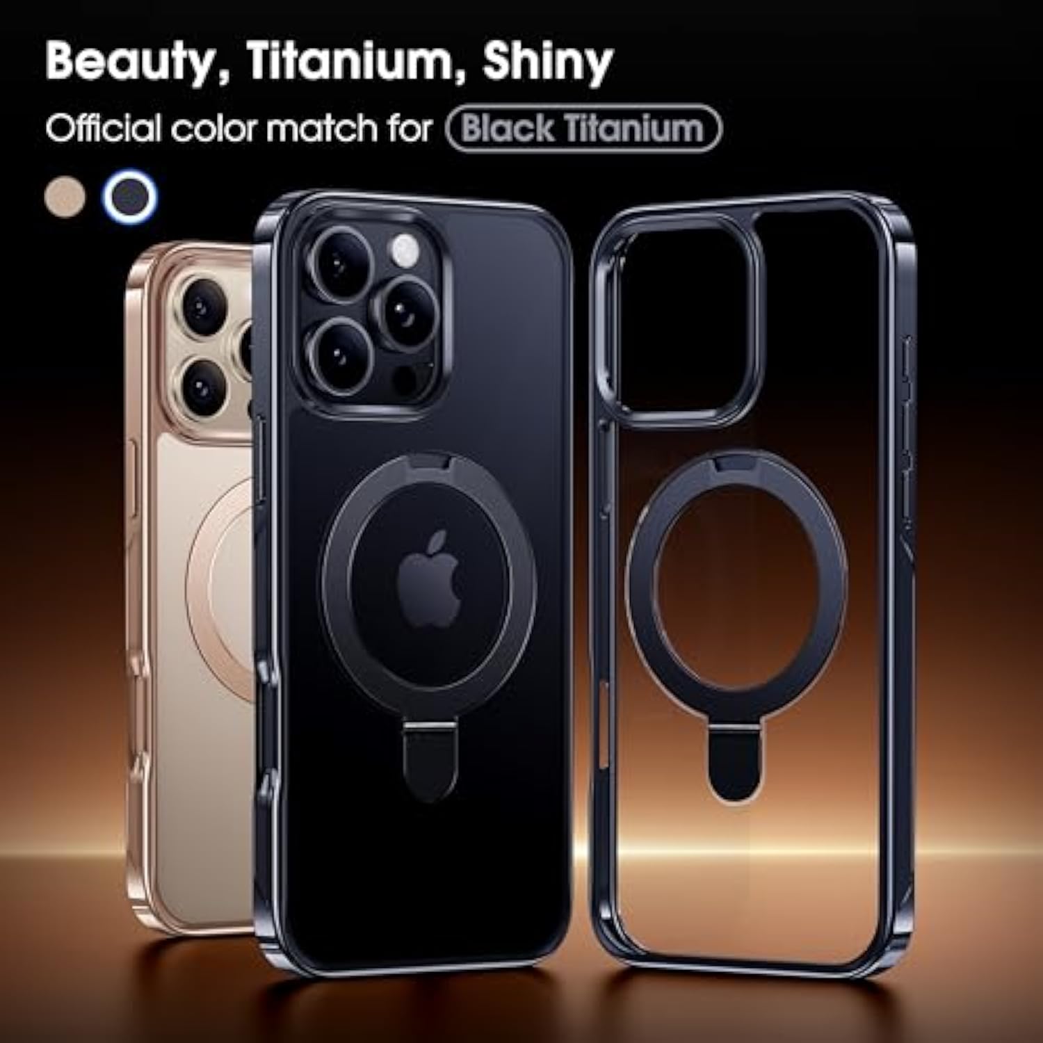 Titanium Stand Case For Iphone 16 Pro, Polished Black Titanium, Grade Drop Protection, Magnetic Stand, Slim 6.3 Inch Phone Case