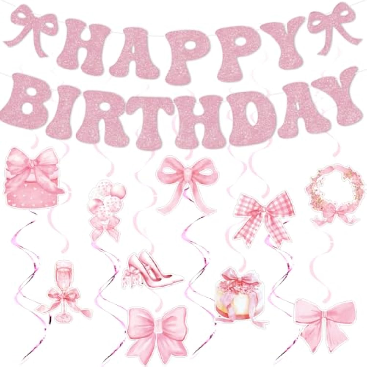 Pink Bow Birthday Decorations: Glitter Banner & Swirls (25 Pcs)