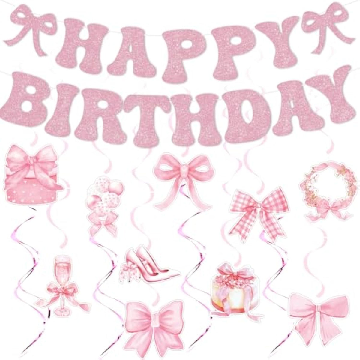 Pink Bow Birthday Decorations: Glitter Banner & Swirls (25 Pcs)