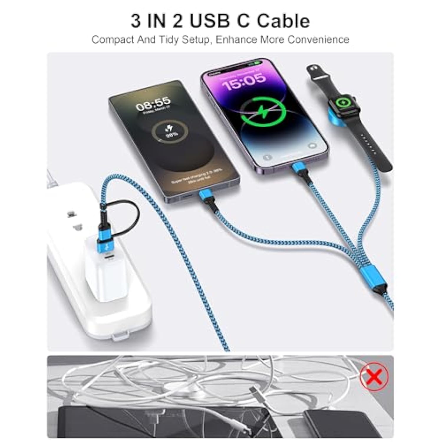 For Apple Watch Charger, 3 In 2 Usb C Cable For Iphone Charger, 6Ft Multi Fast Charging Cable, Usb Magnetic Wireless Charging Cable For Iwatch Ultra/Se/10/9/8/7/6/5/4/3/2/1, Iphone 17/16/15/14/13/12