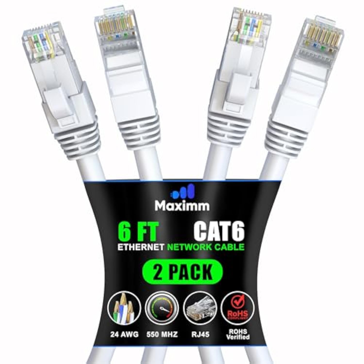 Maximm Cat 6 Ethernet Cable 6 Ft, (2-Pack) Cat6 Cable, LAN Cable, Internet Cab