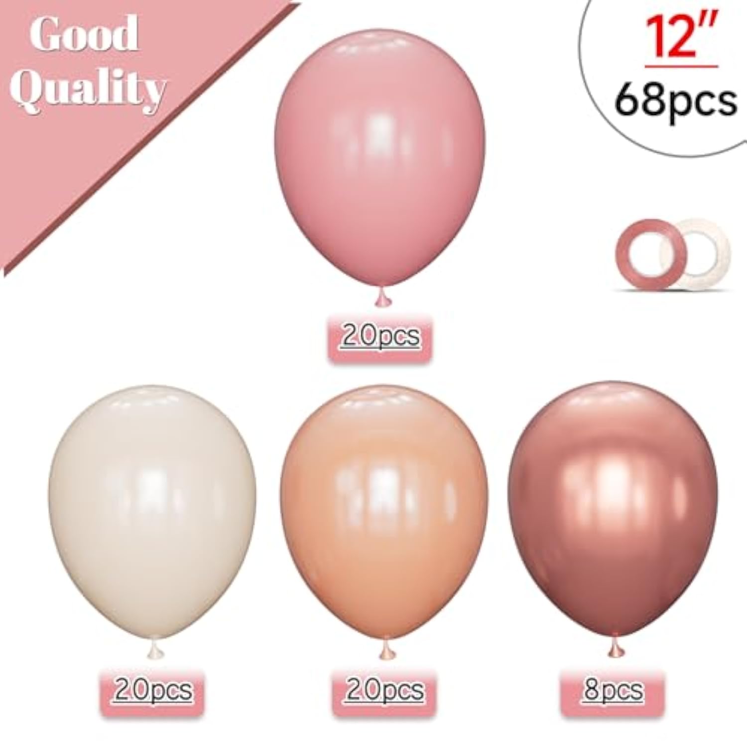 68 Pcs Retro Pink Nude Party Balloons 12Inch Dusty Pink Metallic Rose Gold Balloon Beige Blush Latex Ballons For Girls Birthday Wedding Baby Shower Party Decorations.